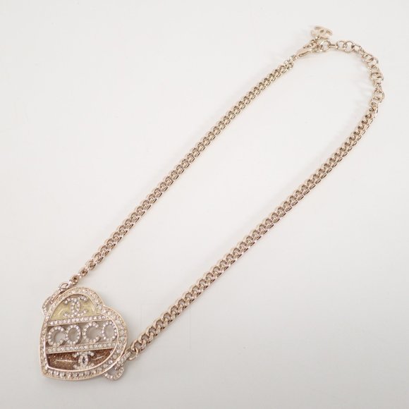 CHANEL C23B ABB648 COCO CC Coco Mark Rhinestone Heart Necklace Champagne Gold... - Picture 2 of 9